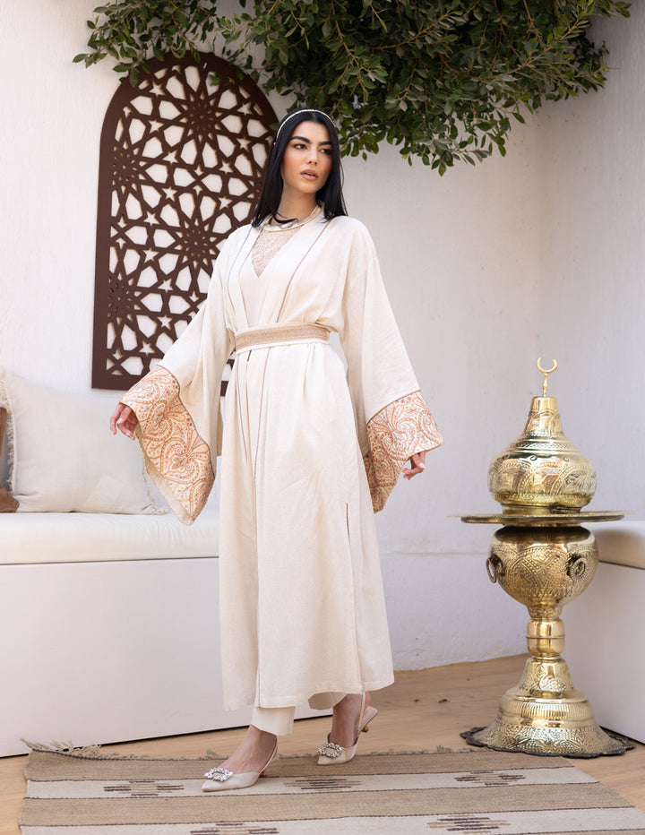 Embroidered linen Kaftan - Beige