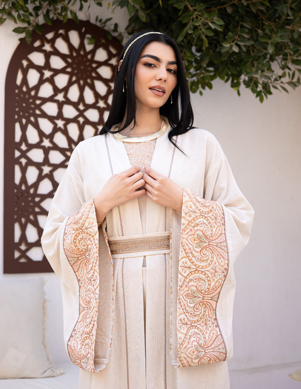 Embroidered linen Kaftan - Beige