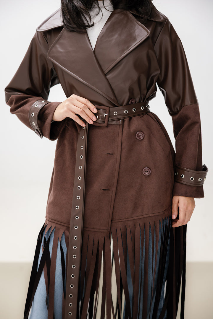 Fringe Split Coat - Brown