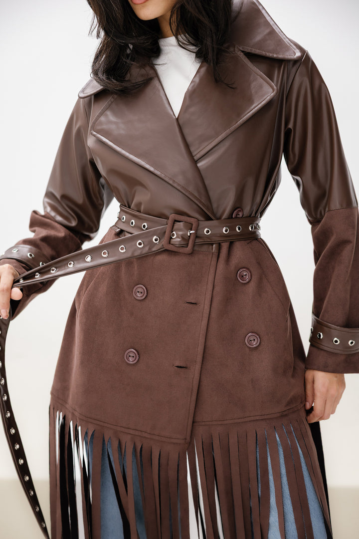 Fringe Split Coat - Brown
