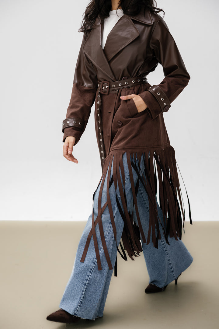 Fringe Split Coat - Brown