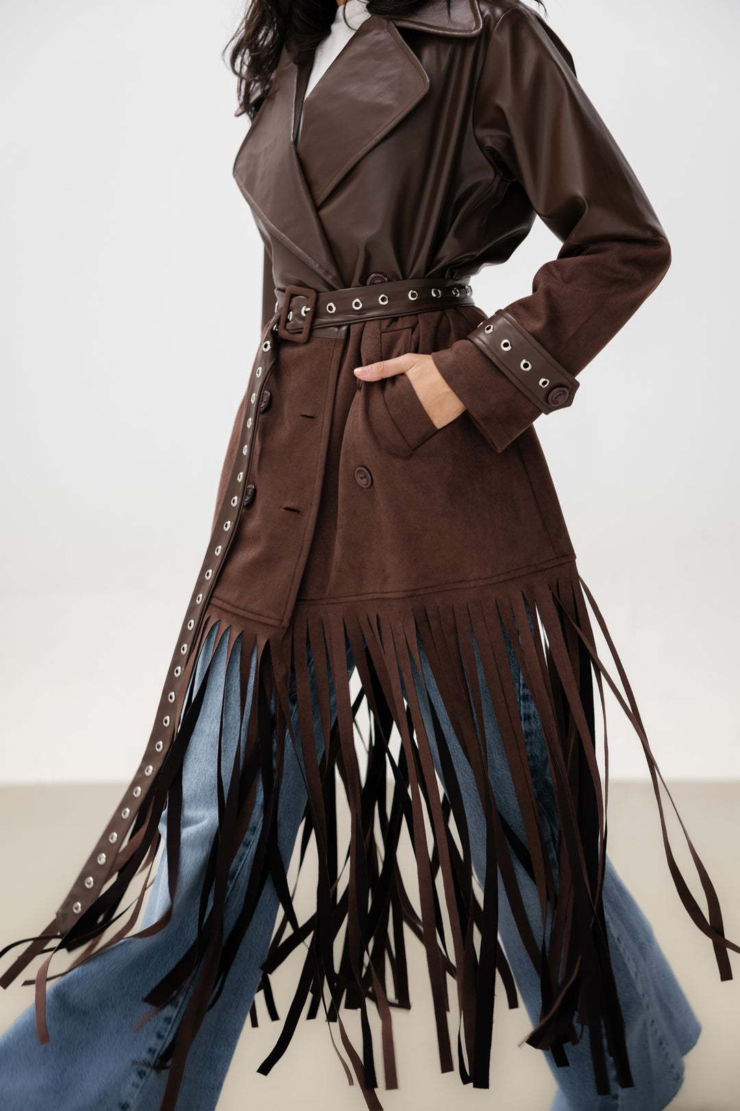Fringe Split Coat - Brown