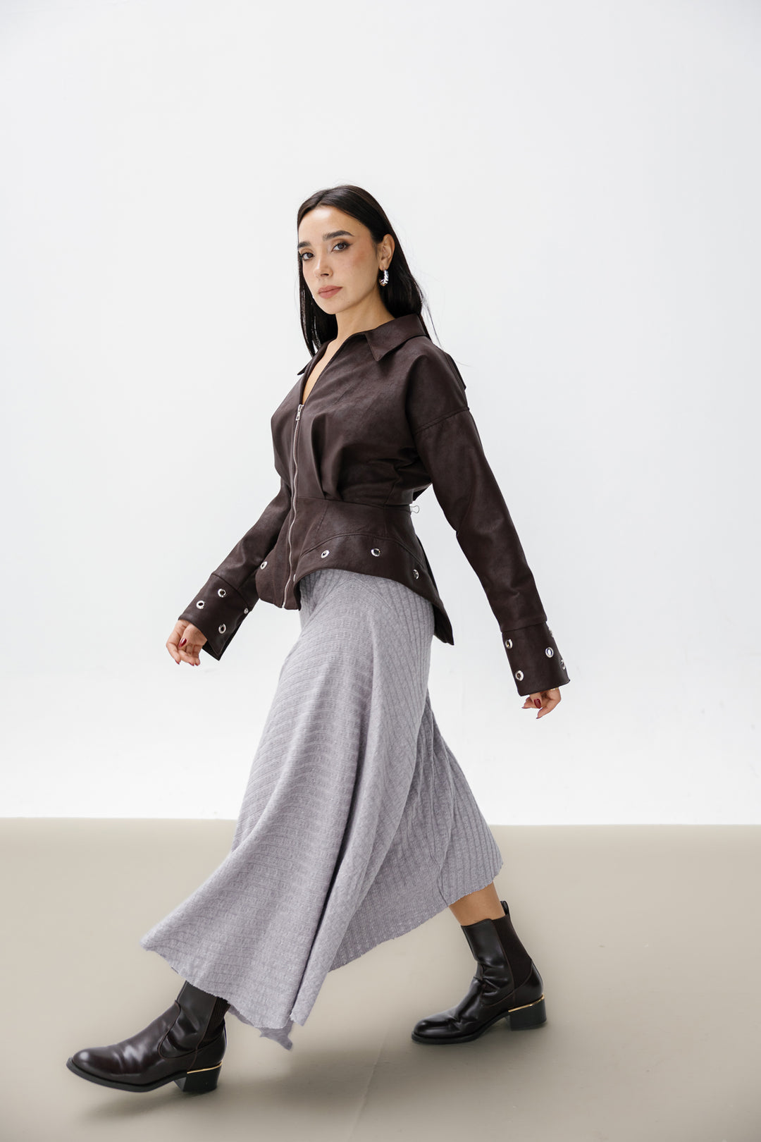 Peplum Leather Jacket - Brown