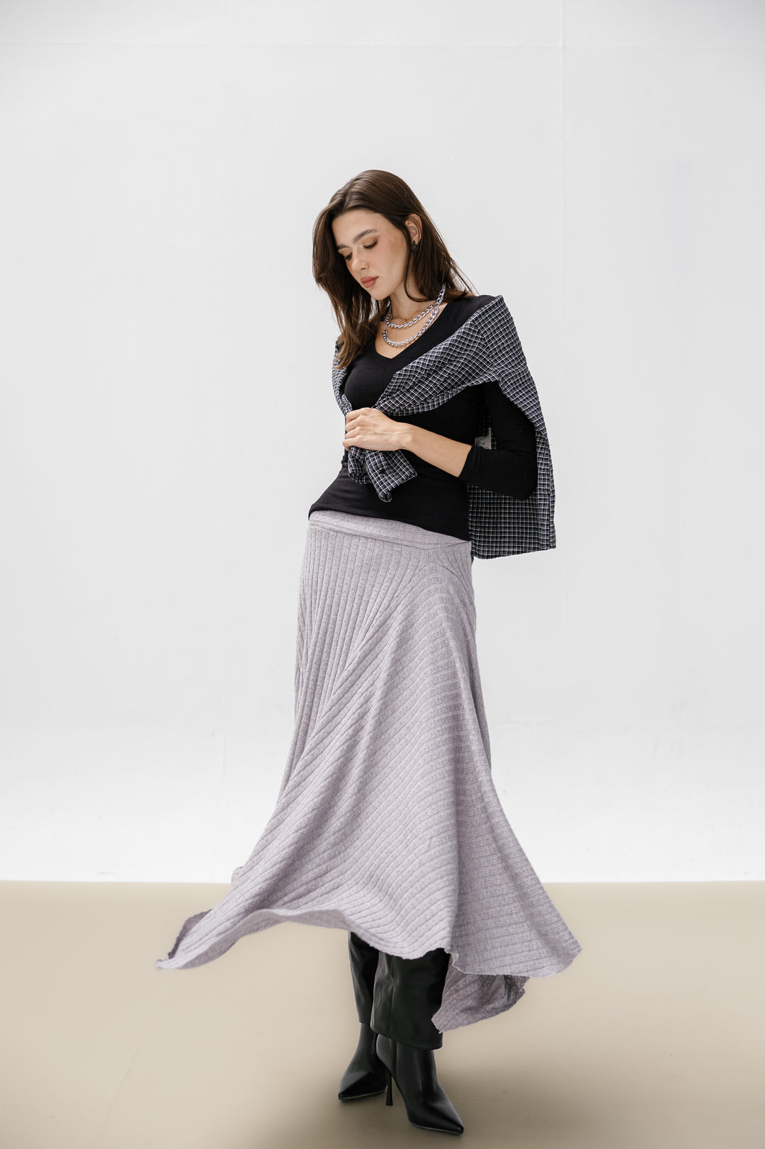 Asymmetric Knitted Skirt - Grey