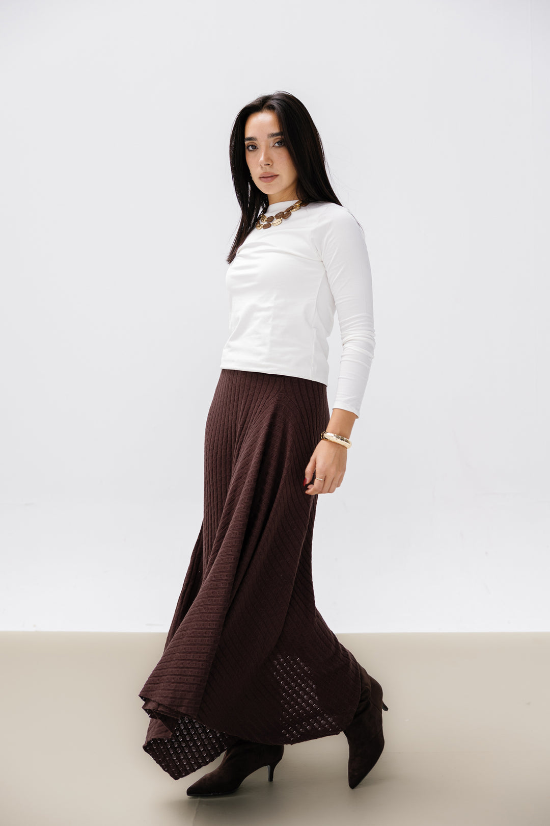 Asymmetric Knitted Skirt - Brown