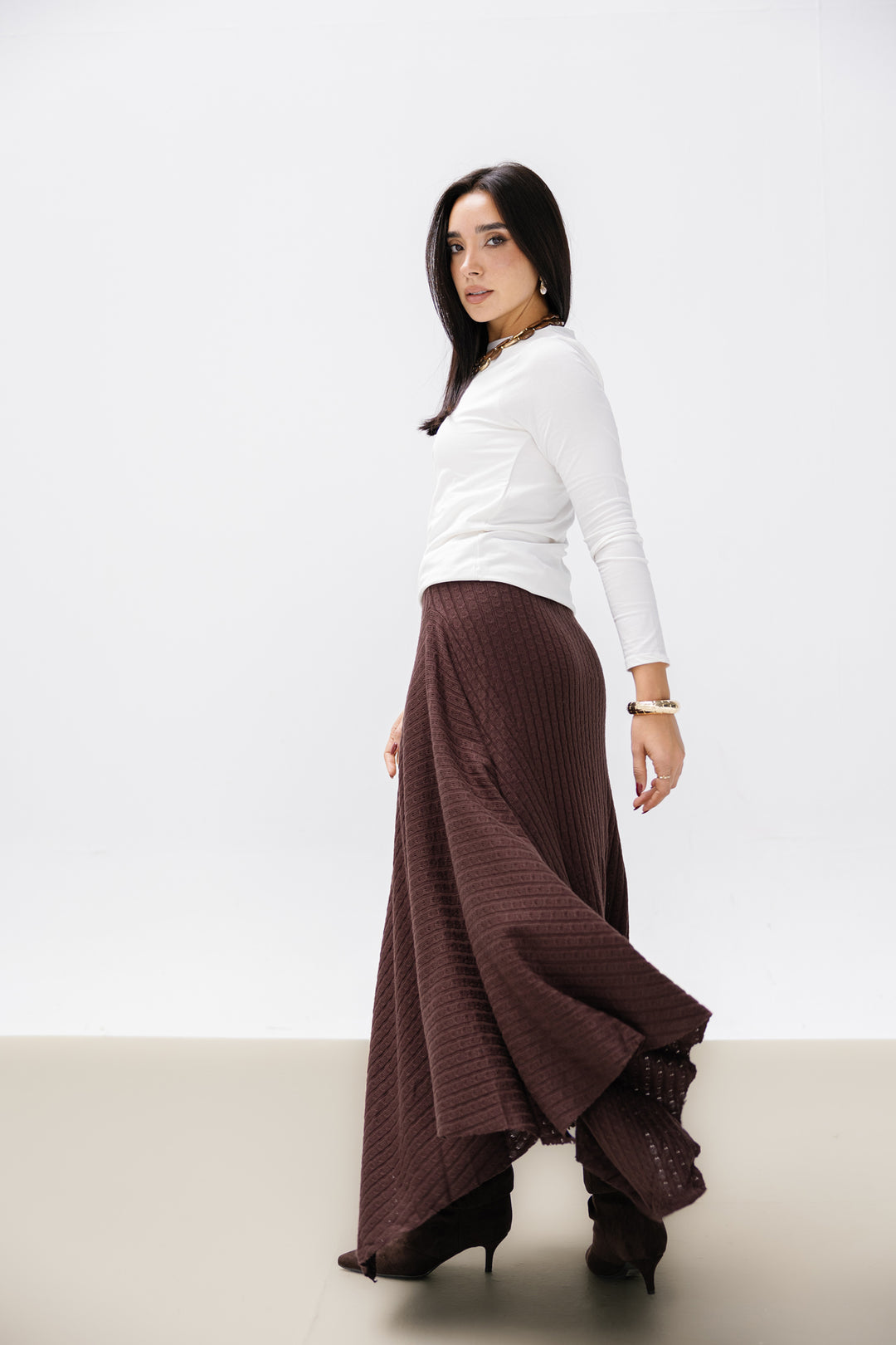 Asymmetric Knitted Skirt - Brown