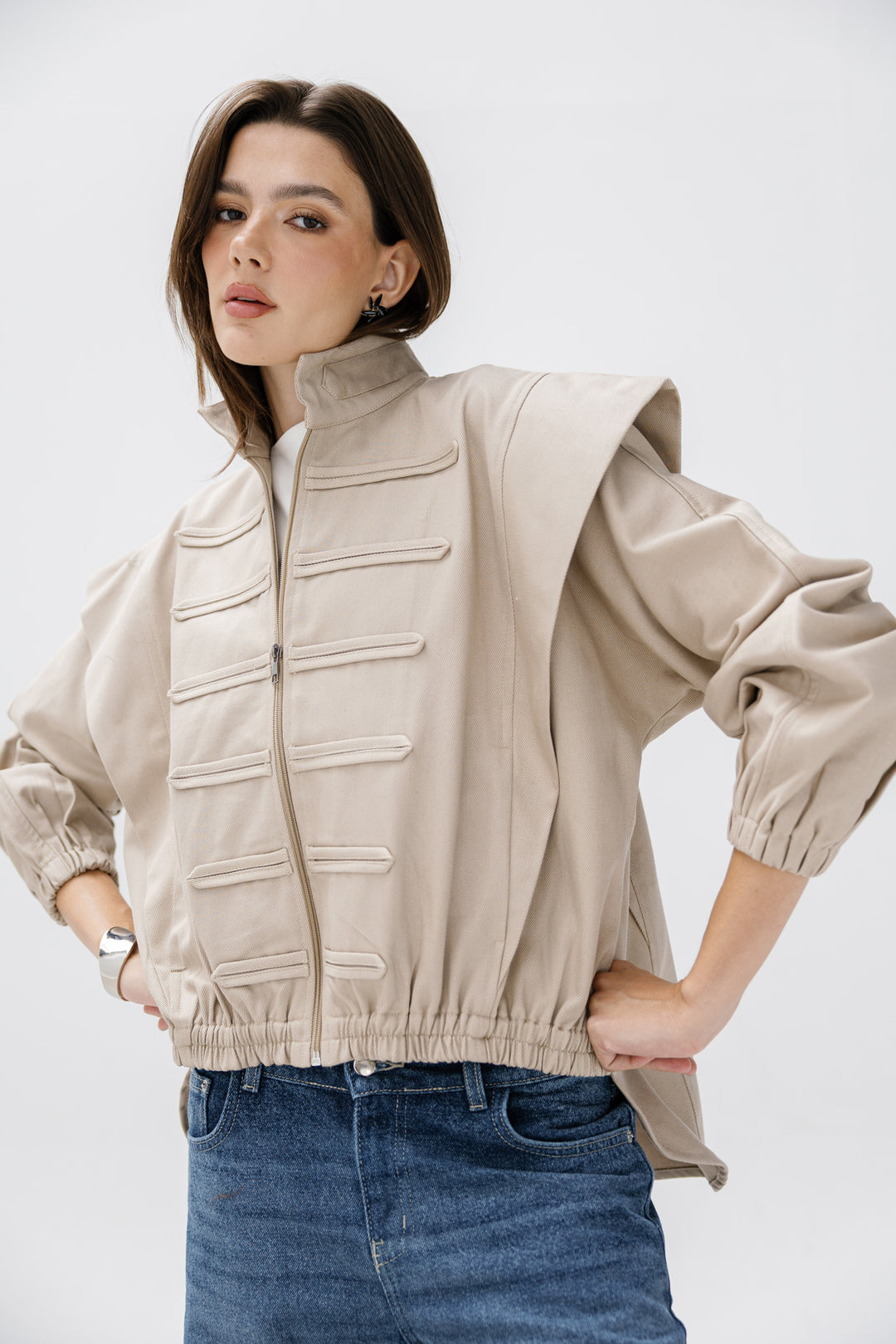 Denim Zipper Jacket - Beige
