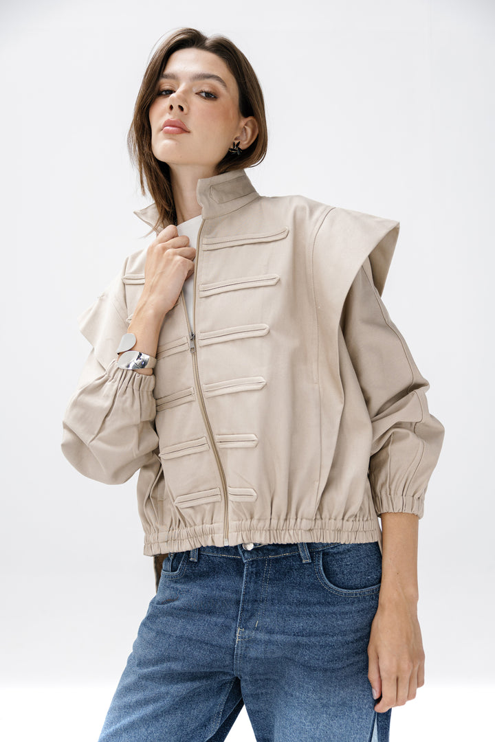 Denim Zipper Jacket - Beige