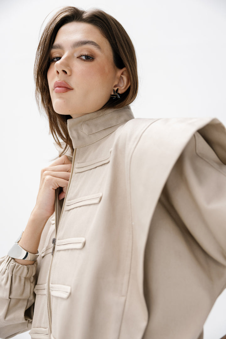 Denim Zipper Jacket - Beige