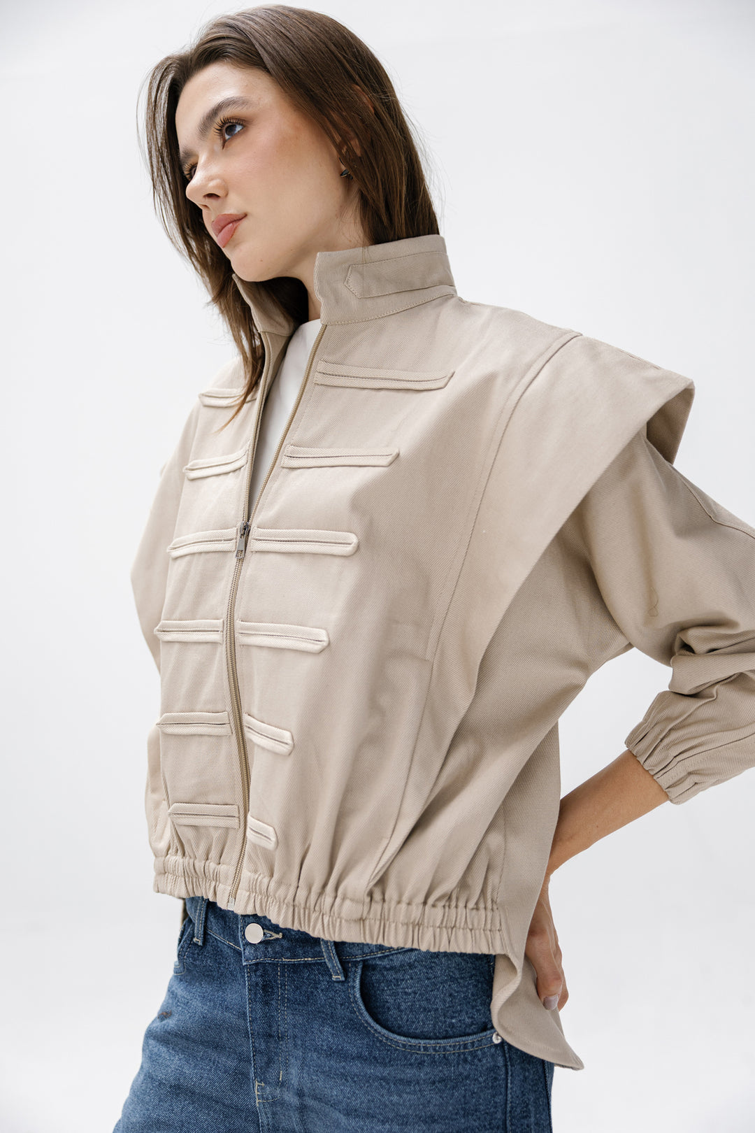 Denim Zipper Jacket - Beige