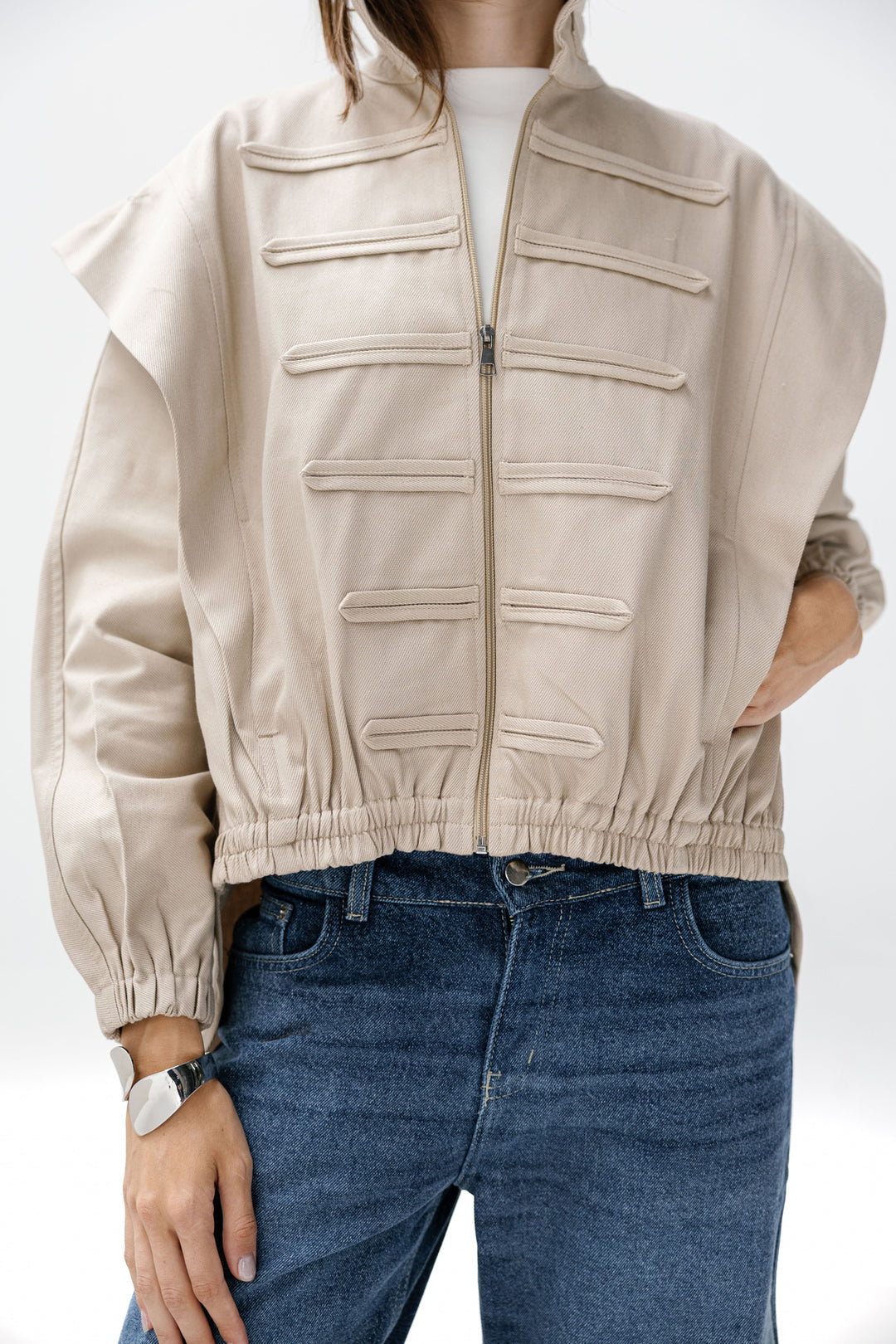 Denim Zipper Jacket - Beige
