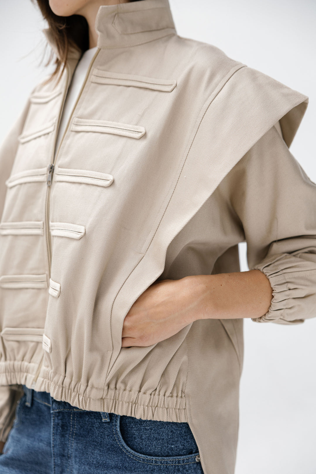 Denim Zipper Jacket - Beige