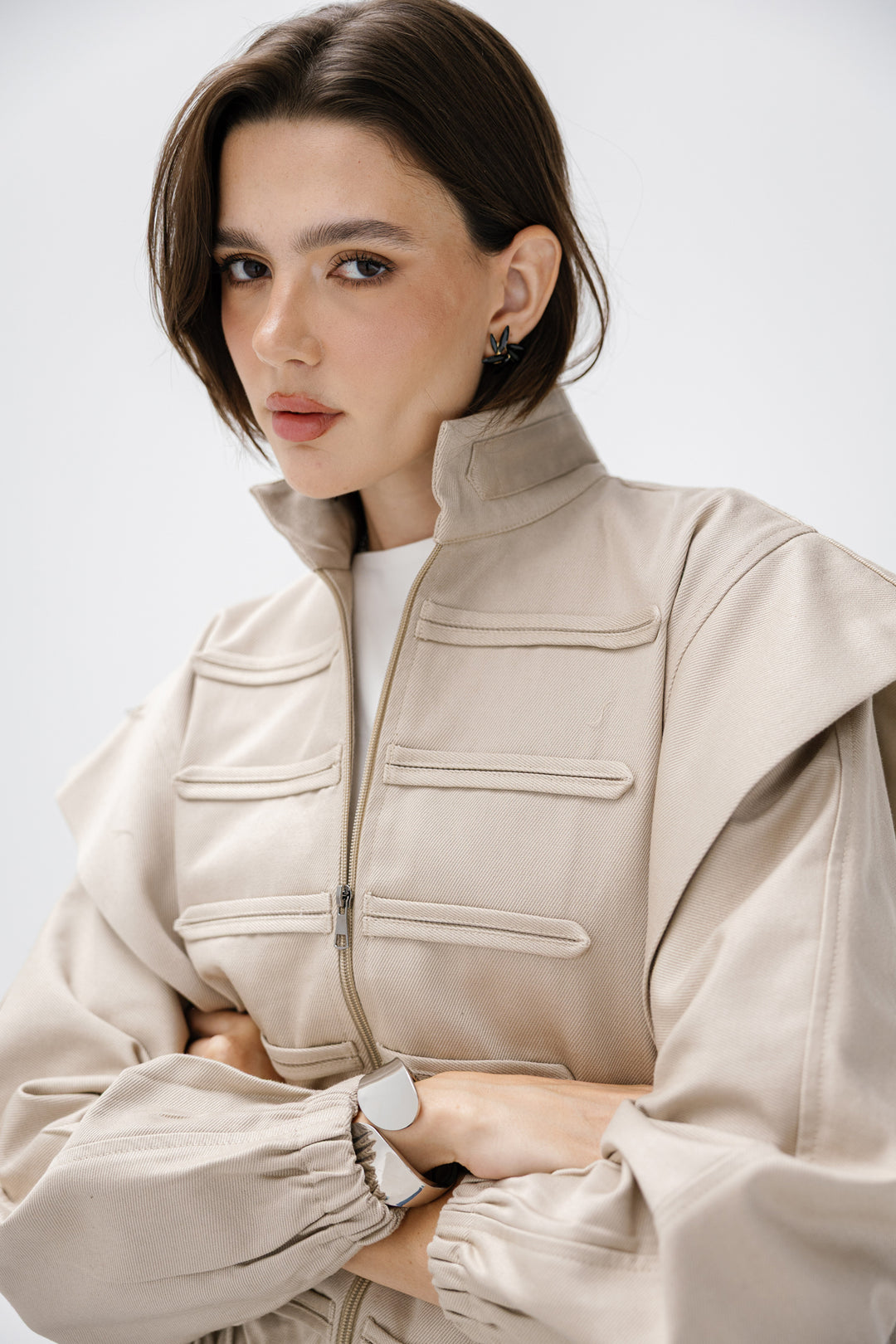 Denim Zipper Jacket - Beige