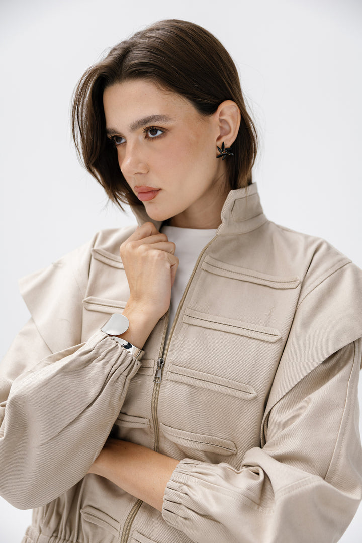 Denim Zipper Jacket - Beige