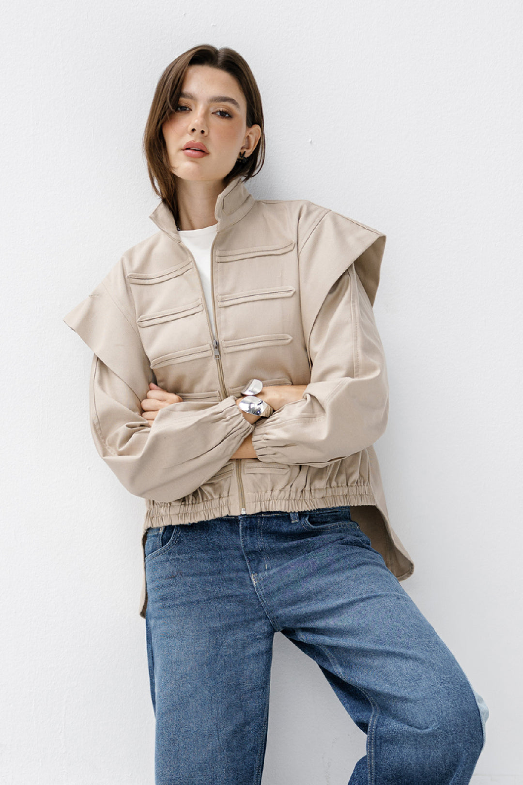 Denim Zipper Jacket - Beige