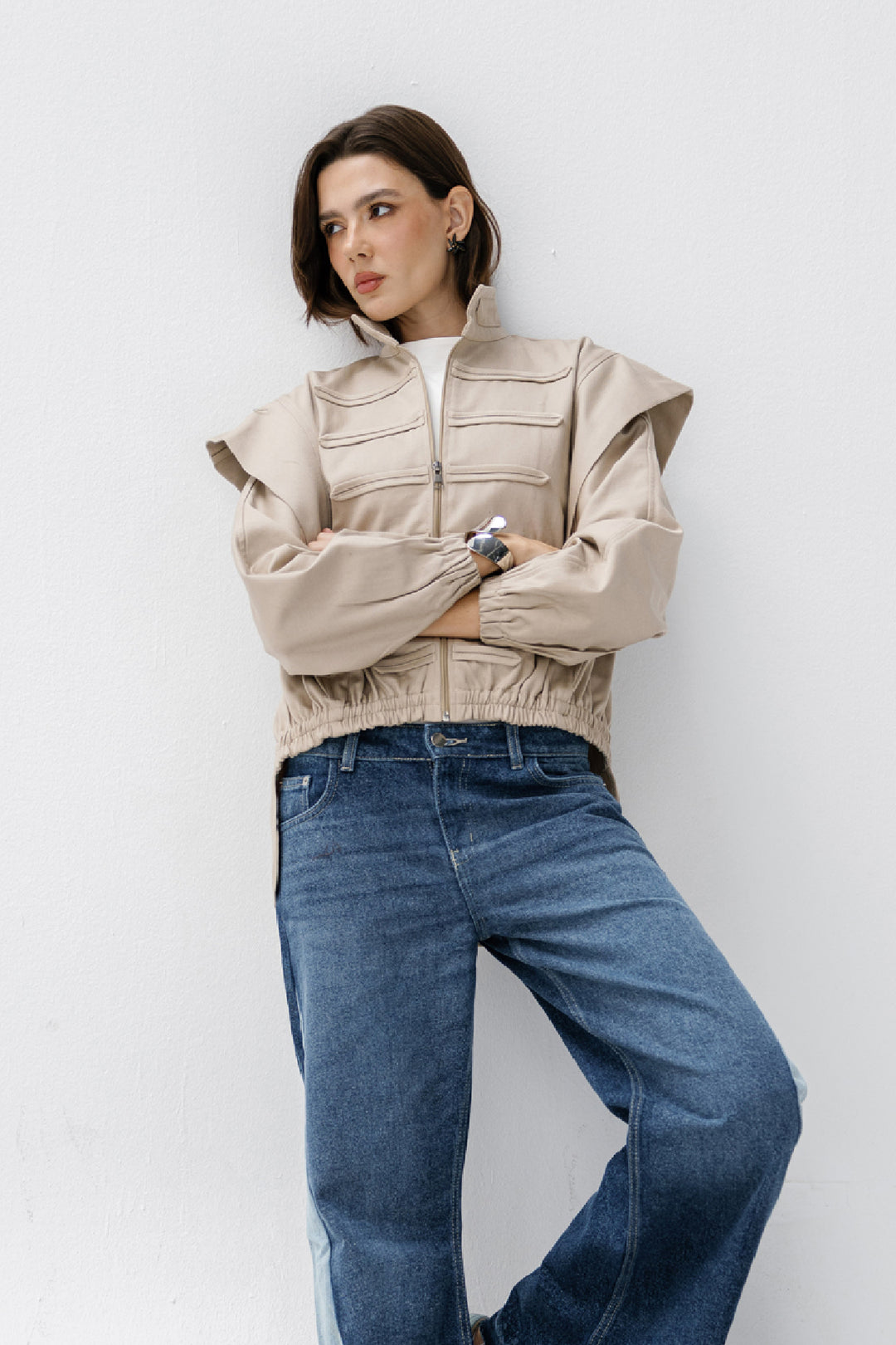 Denim Zipper Jacket - Beige