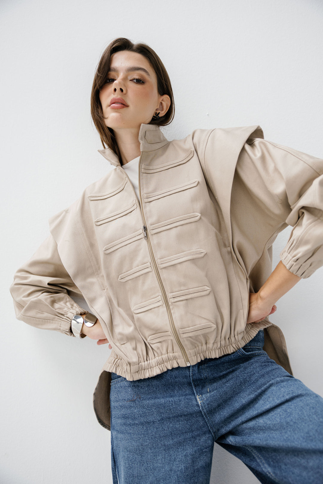 Denim Zipper Jacket - Beige