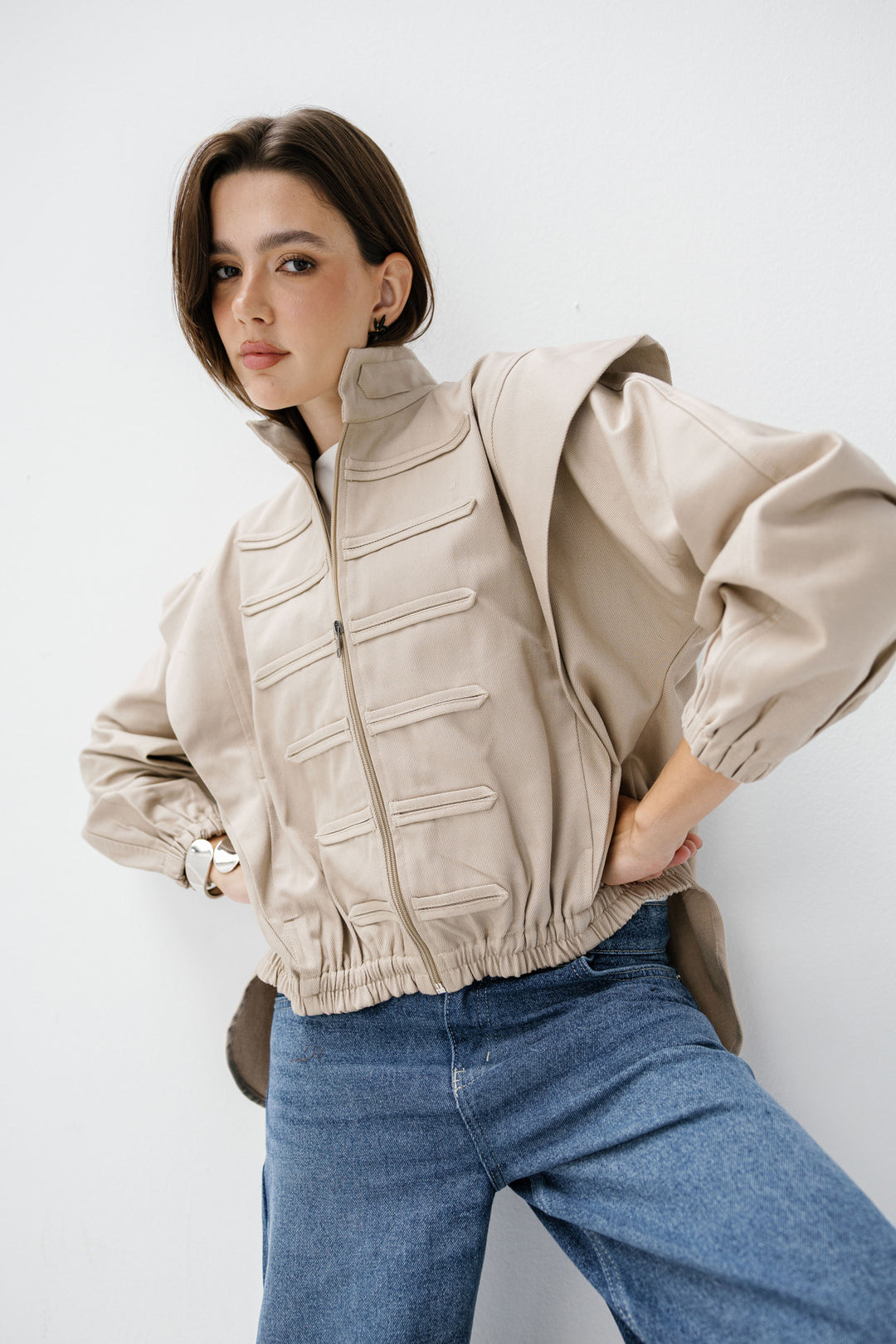 Denim Zipper Jacket - Beige