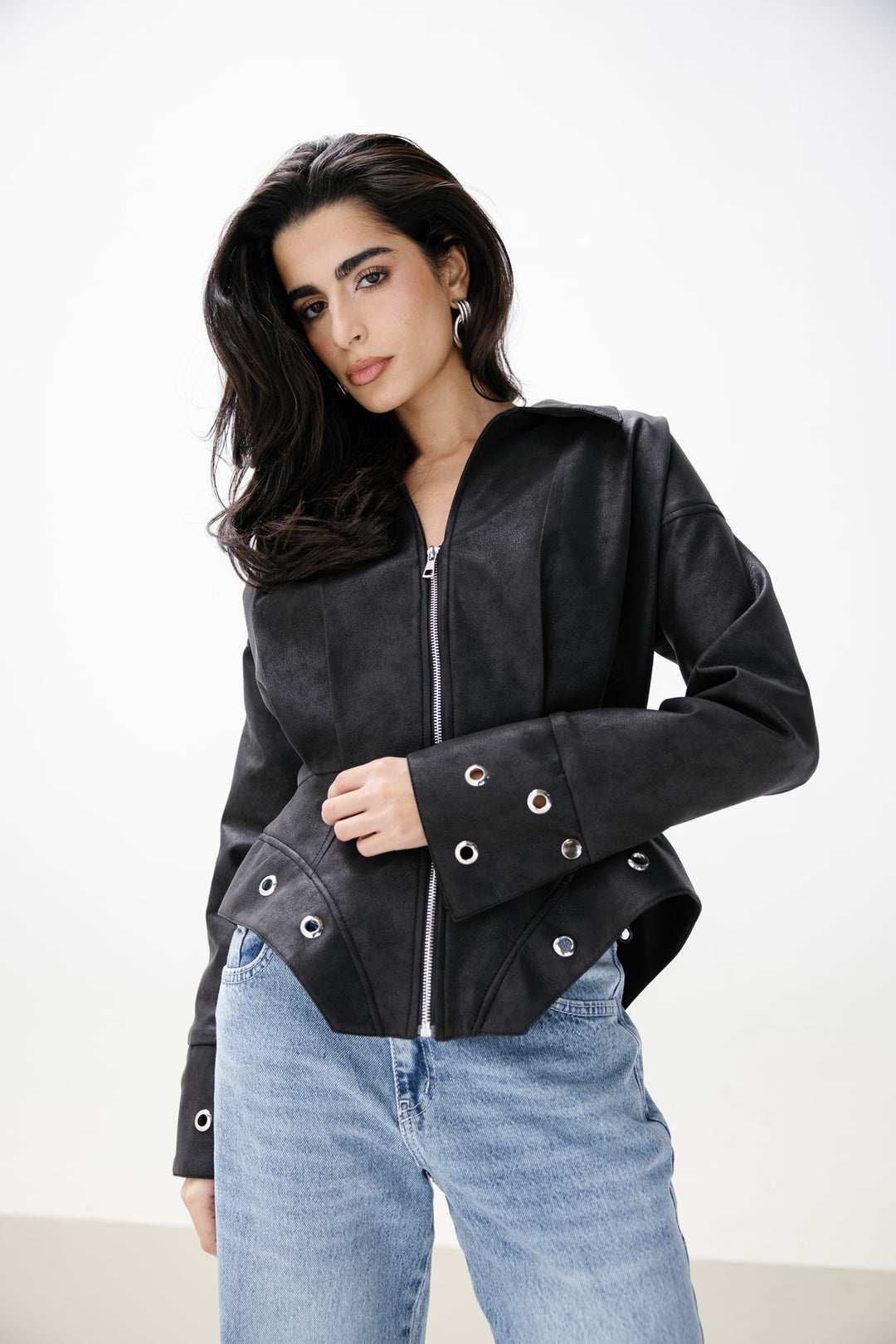 Peplum Leather Jacket - Black