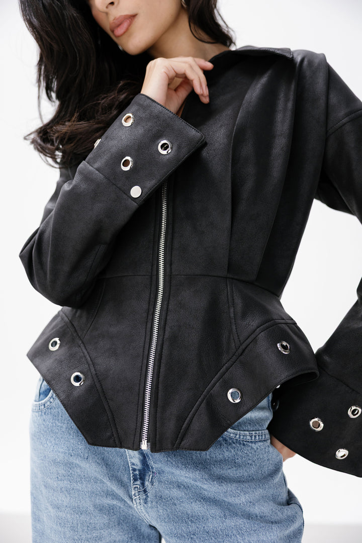 Peplum Leather Jacket - Black