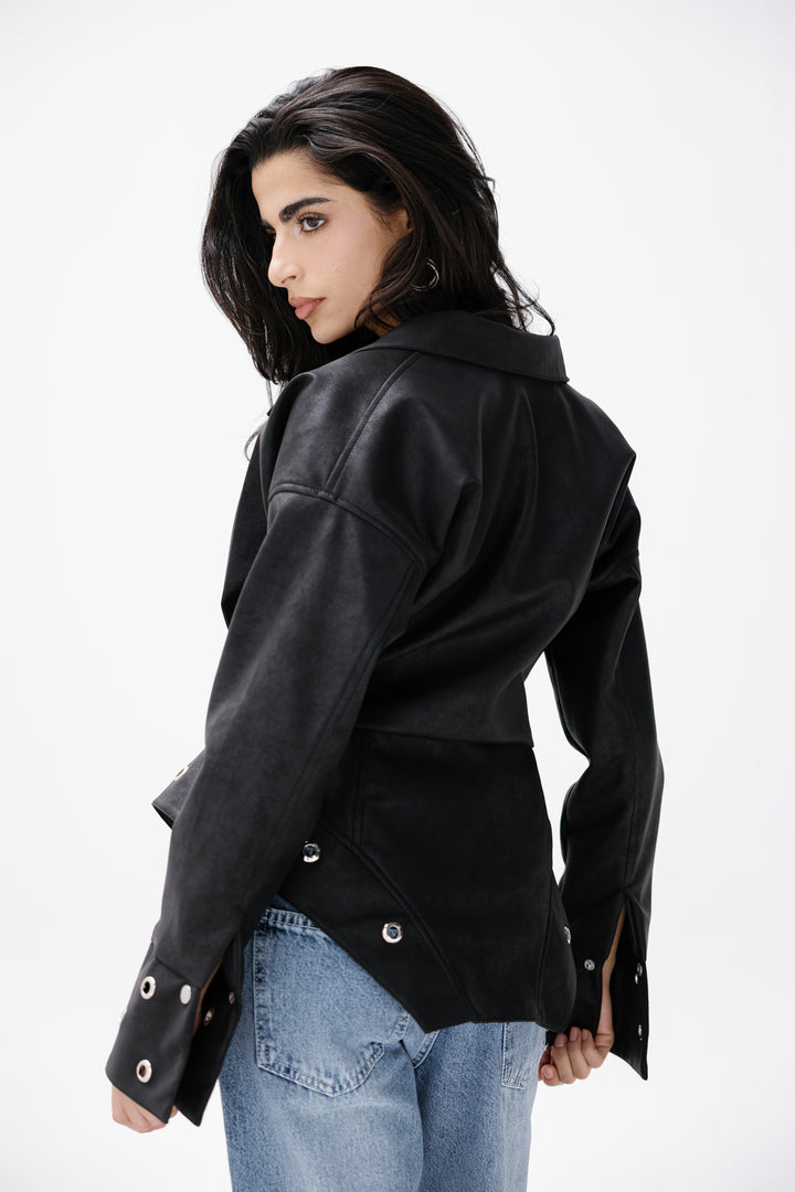 Peplum Leather Jacket - Black