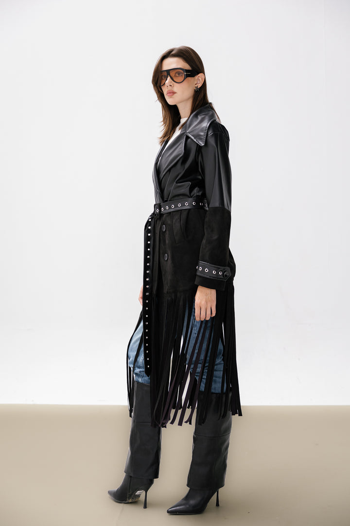 Fringe Split Coat - Black