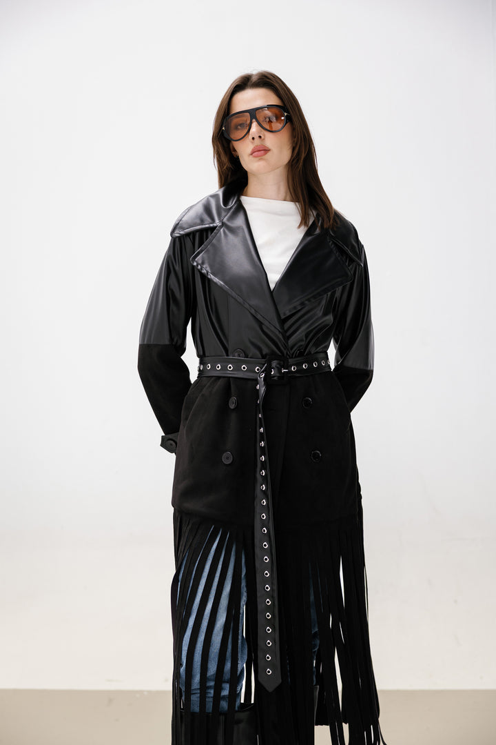 Fringe Split Coat - Black
