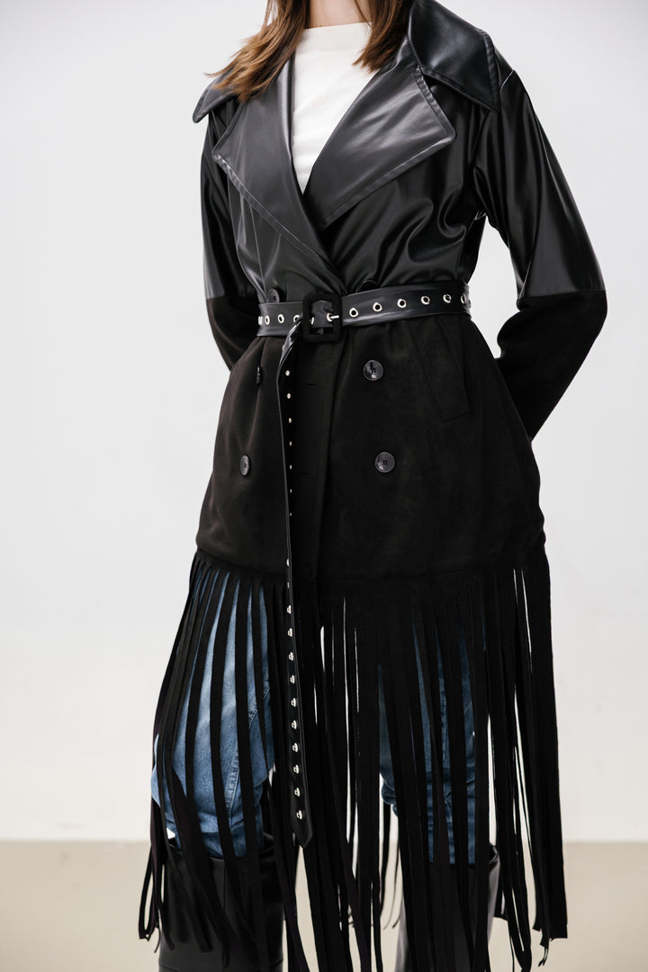 Fringe Split Coat - Black