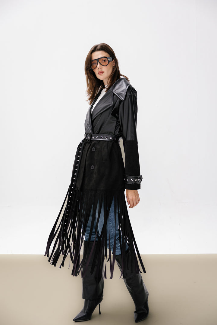 Fringe Split Coat - Black