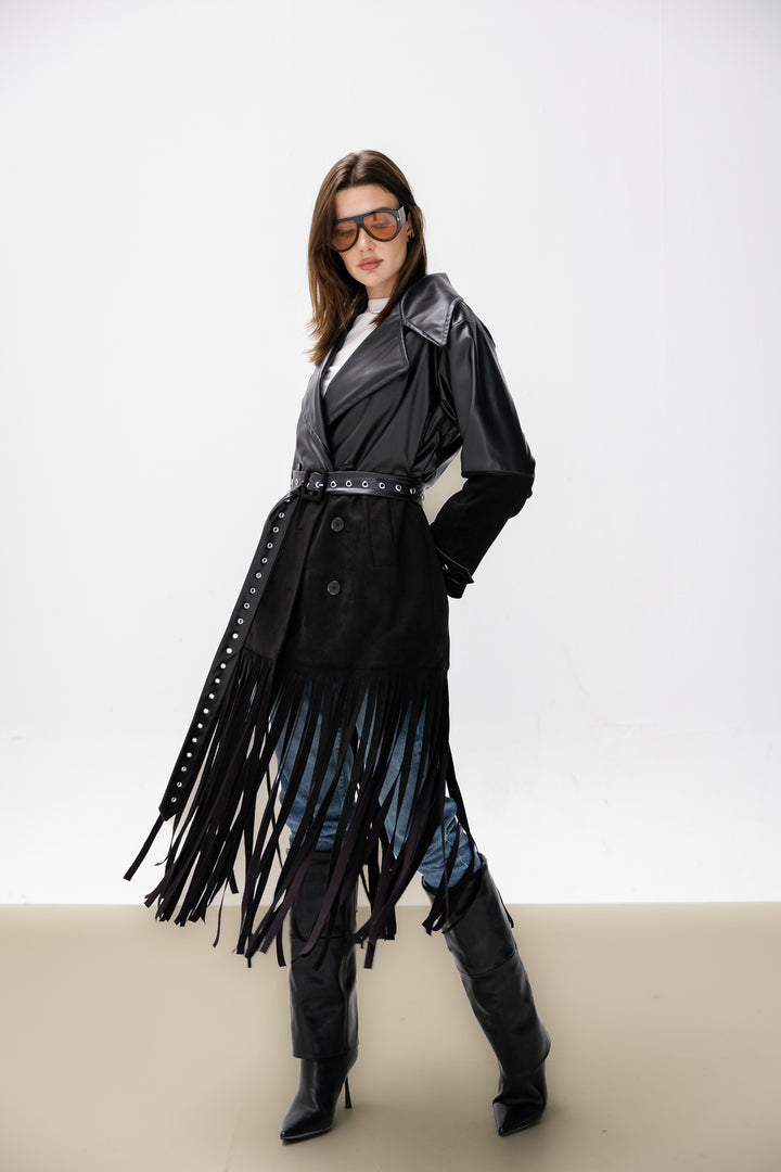 Fringe Split Coat - Black
