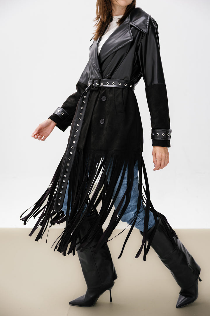 Fringe Split Coat - Black