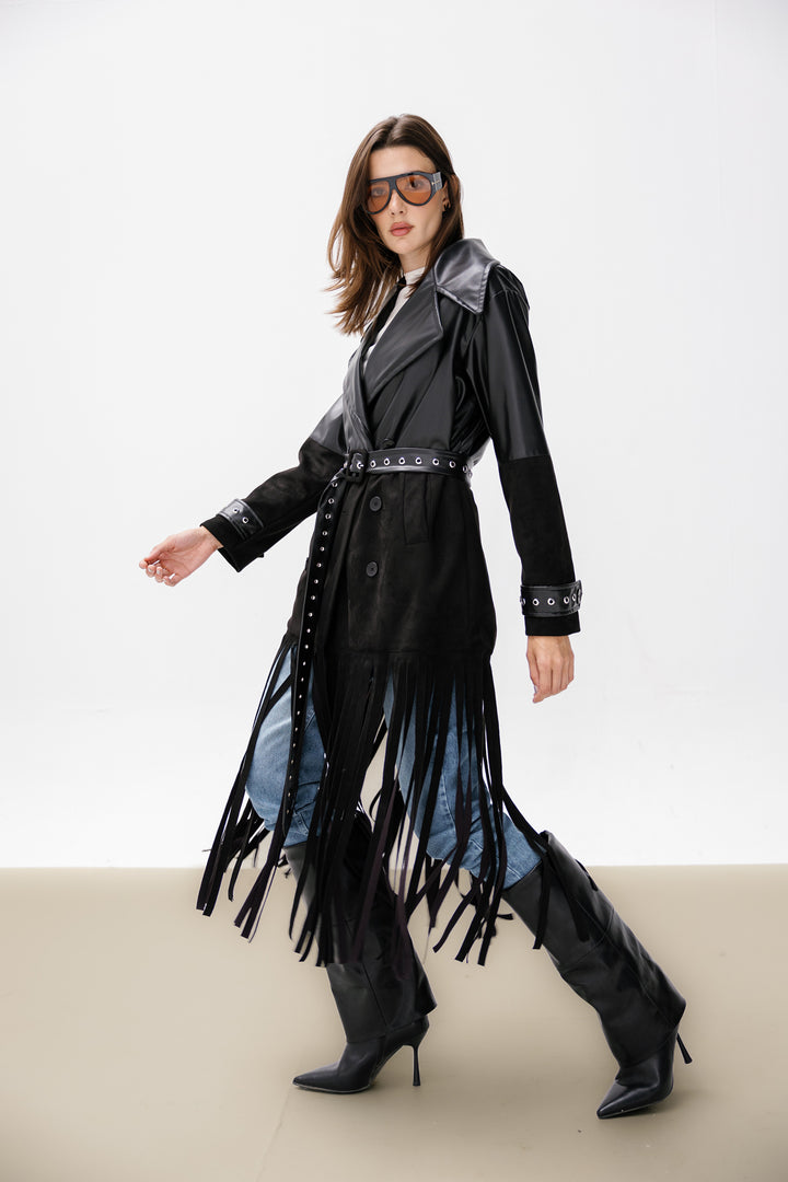 Fringe Split Coat - Black
