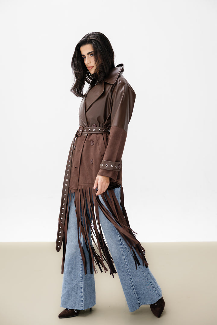Fringe Split Coat - Brown